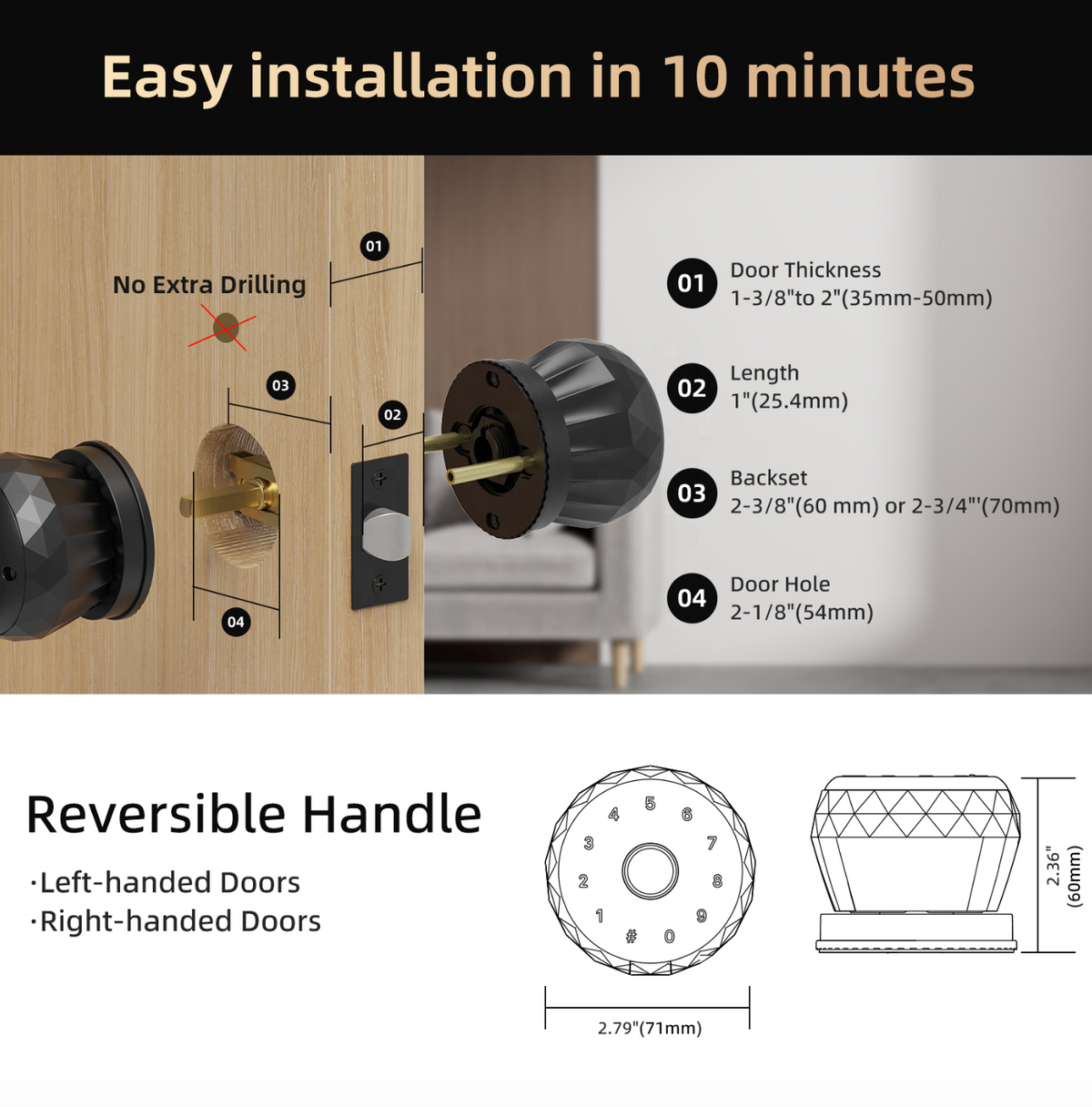 Digital Smart Round Door Knob